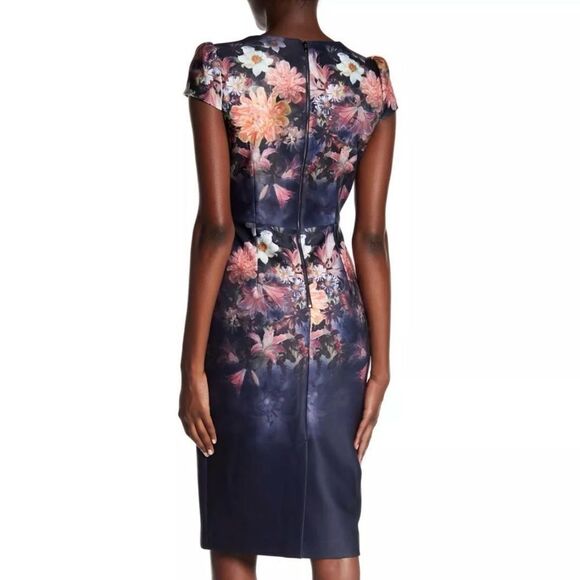Betsey Johnson Floral Cap Sleeve Jewel Neck Knee Length Dress Navy Size 2 - Picture 3 of 11